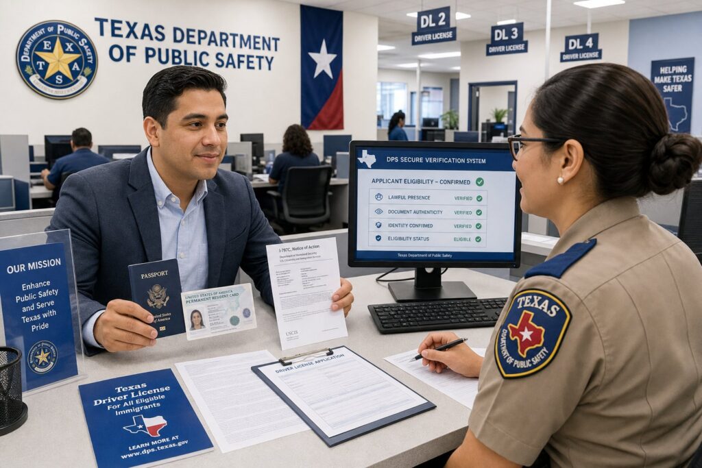 Blog Articles 8 Immigrants applying for a Texas driver’s license at a DPS office.