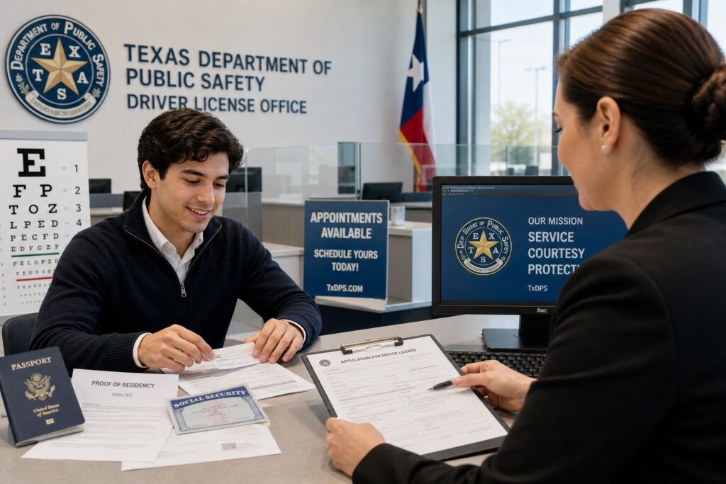 Blog Articles 7 First-time driver applicant preparing documents at a Texas DPS office.
