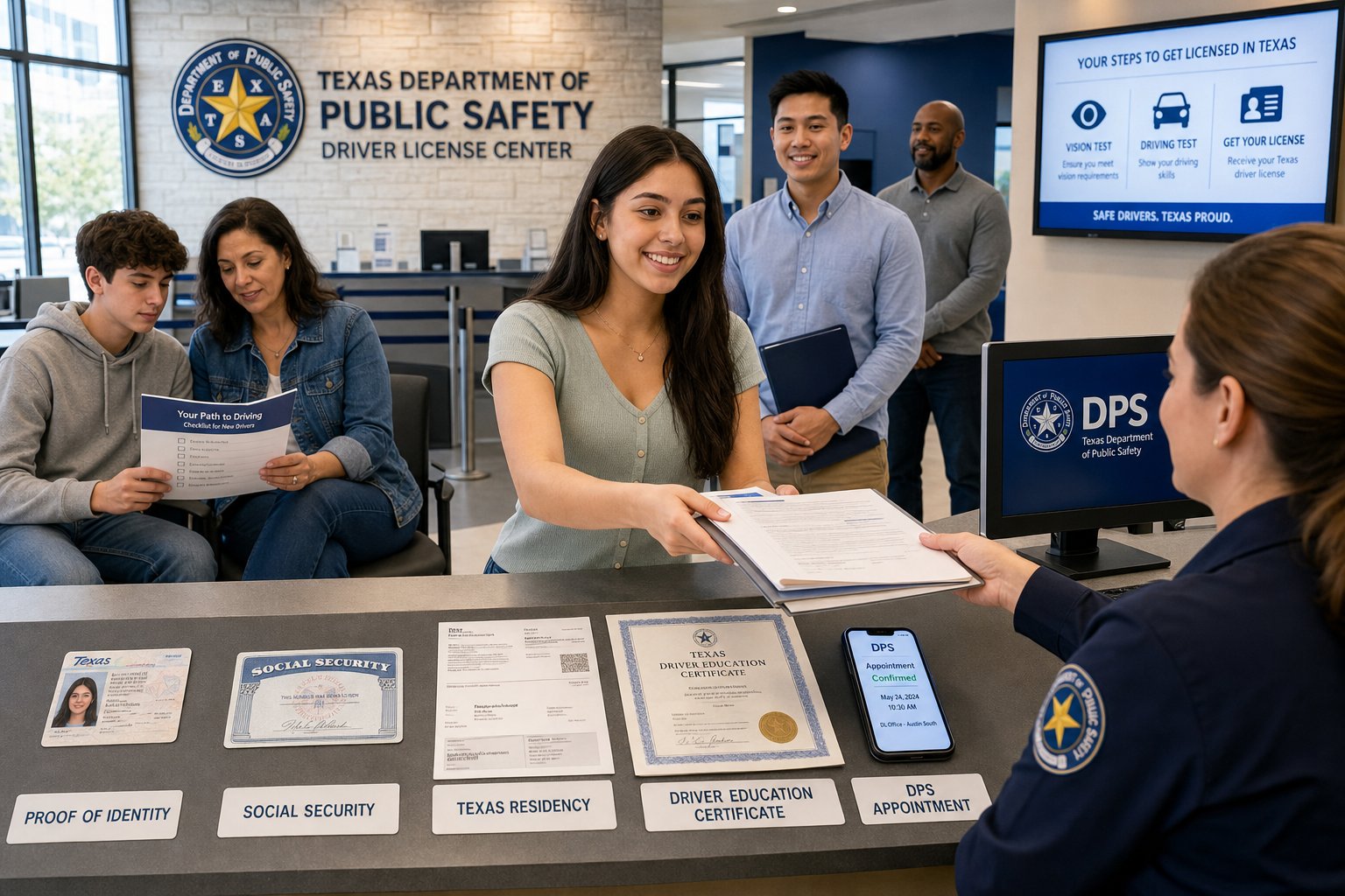 Texas Driver's License Requirements: Everything You Need Before Your DPS Appointment 1 First-time driver applicant preparing documents at a Texas DPS office.