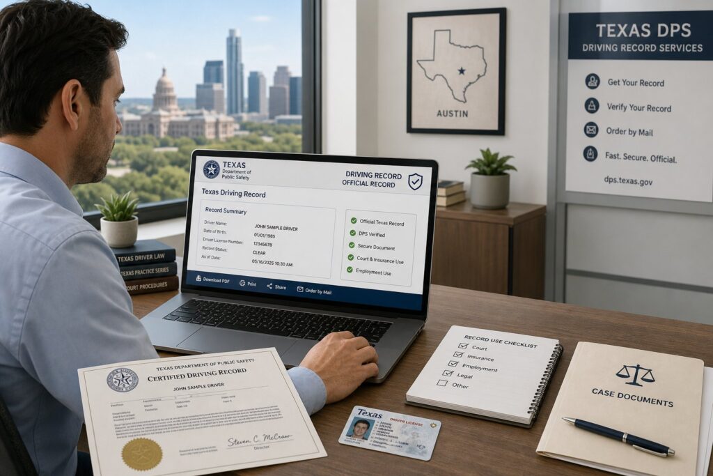 Blog Articles 8 Person reviewing a Texas driving record on a laptop in an office.