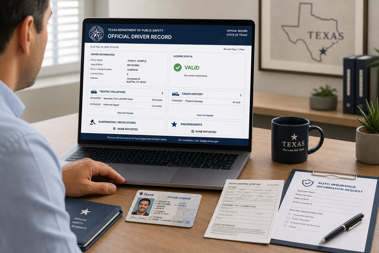 Your Texas Driving Record: How to Get It and What It Shows 1 Person reviewing a Texas driving record on a laptop in an office.