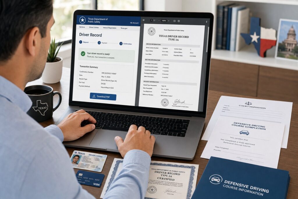 Blog Articles 7 Professional reviewing Texas driving record online on a computer.