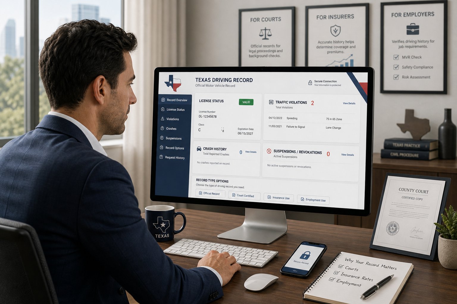 How to Get Your Texas Driving Record Online 1 Professional reviewing Texas driving record online on a computer.
