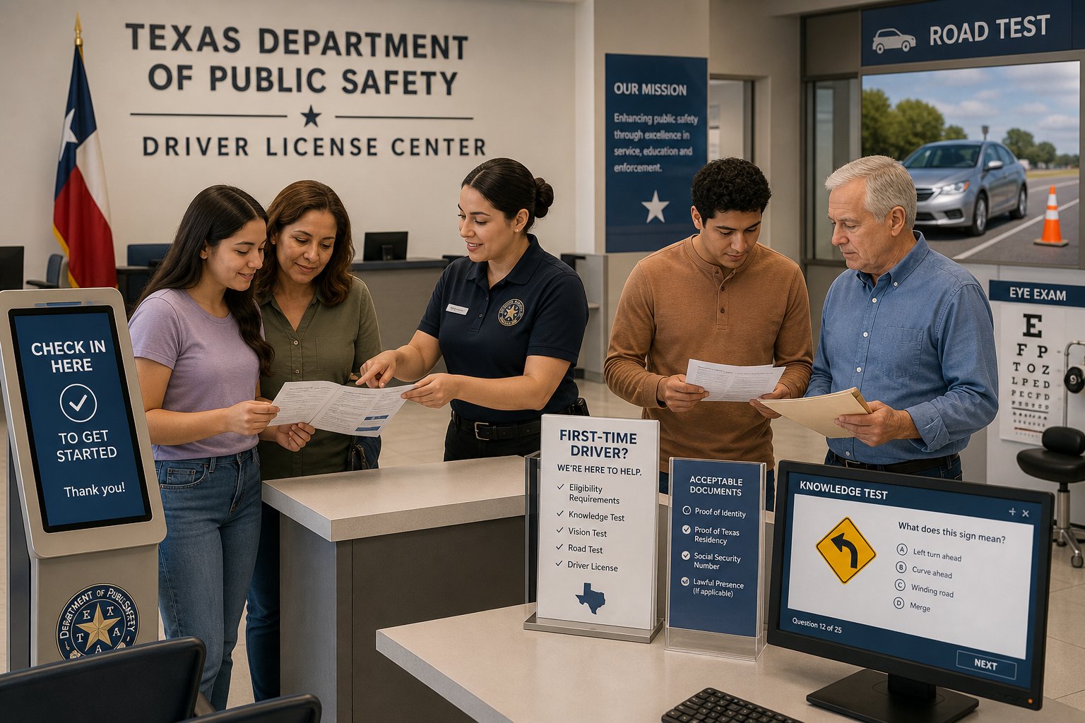 Texas Driving Test: What Maneuvers and Skills Are Tested 1 First-time driver applicants at a modern Texas licensing office.