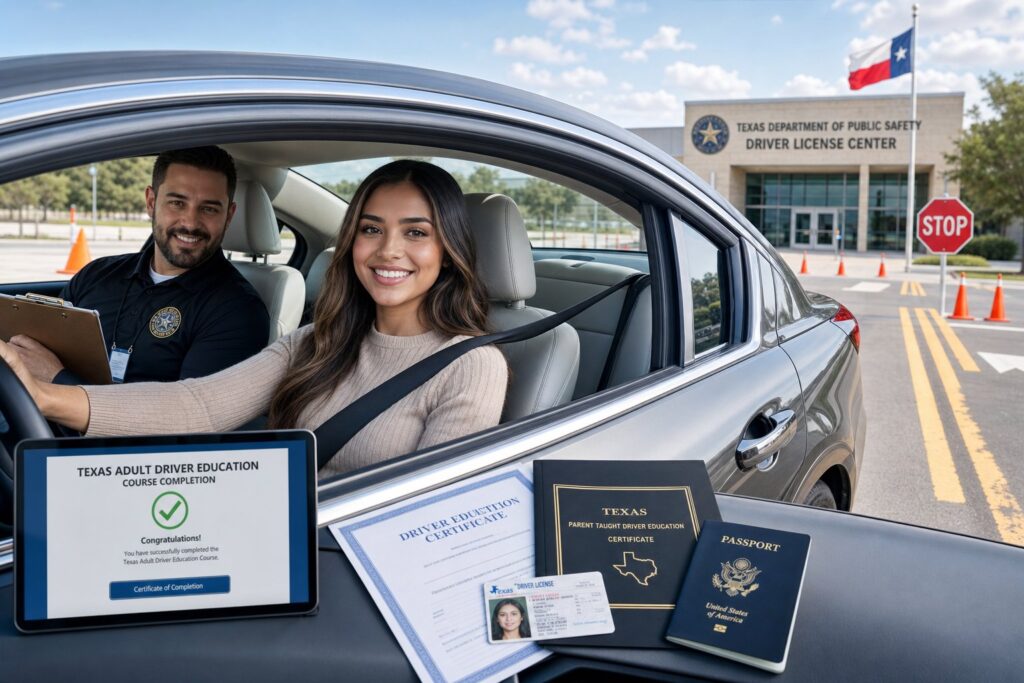 Blog Articles 5 Young adult completing Texas driver education course online at a modern desk.