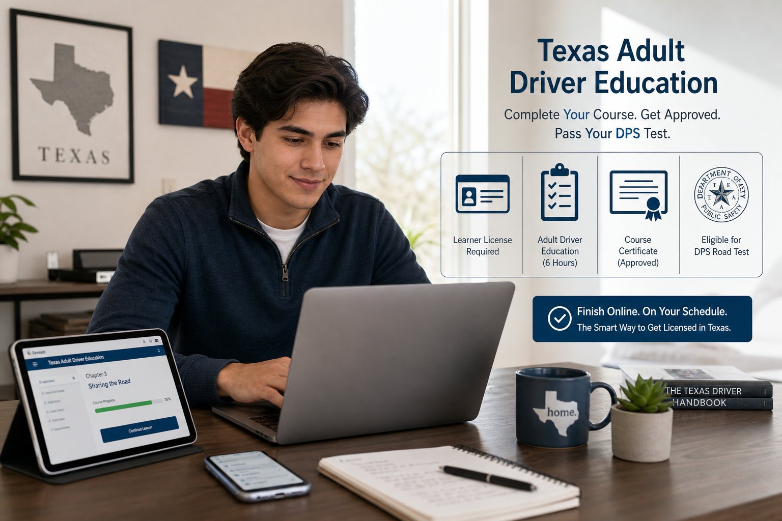 Texas Driving Test: What to Expect and How to Prepare 1 Young adult completing Texas driver education course online at a modern desk.