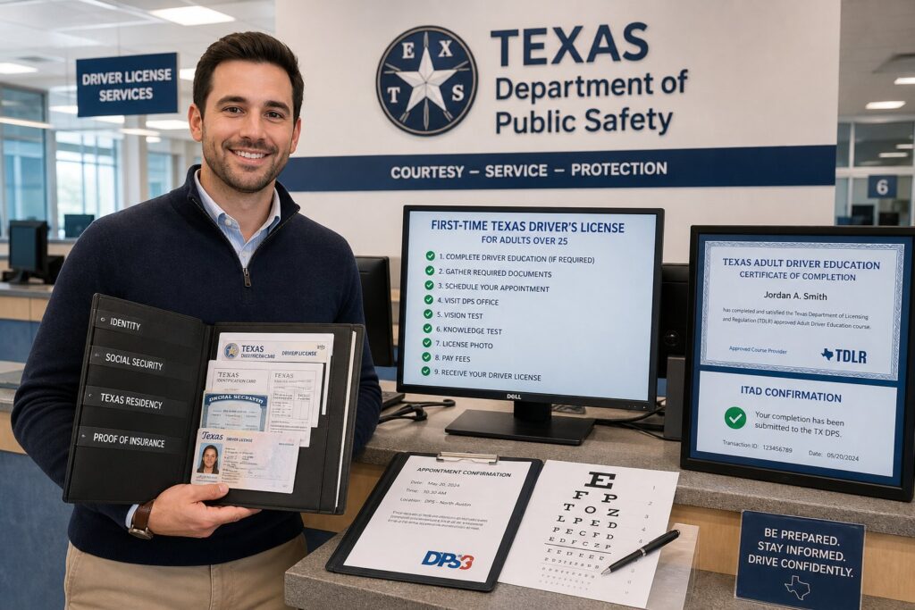Blog Articles 4 Adult reviewing Texas first-time driver license requirements at a modern service desk.