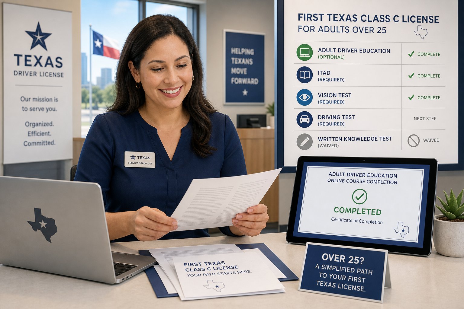 How to Get a First Texas Driver's License If You're Over 25 1 Adult reviewing Texas first-time driver license requirements at a modern service desk.