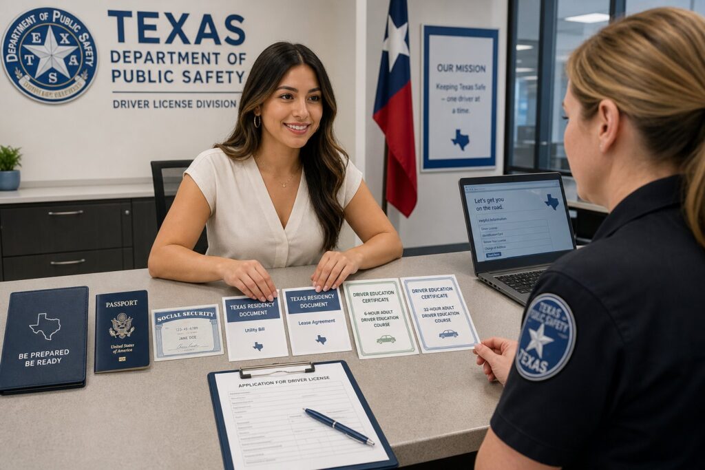 Blog Articles 3 Adult applicant reviewing Texas driver’s license documents at a modern DPS office.