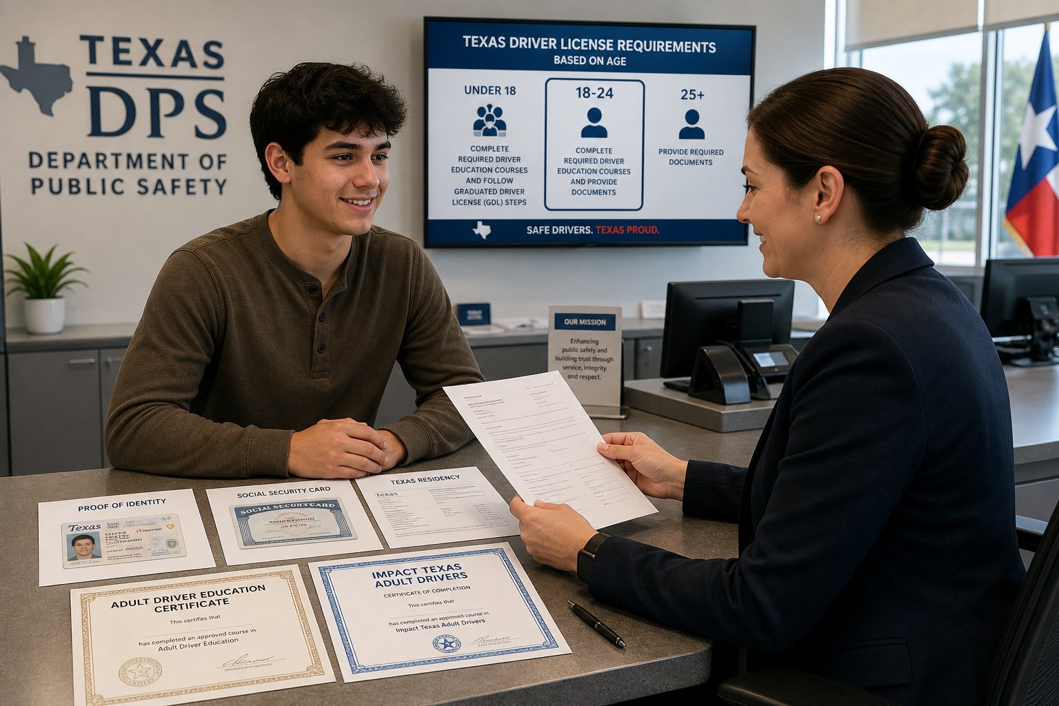 What Documents Do You Need for Your First Texas Driver's License? 1 Adult applicant reviewing Texas driver’s license documents at a modern DPS office.