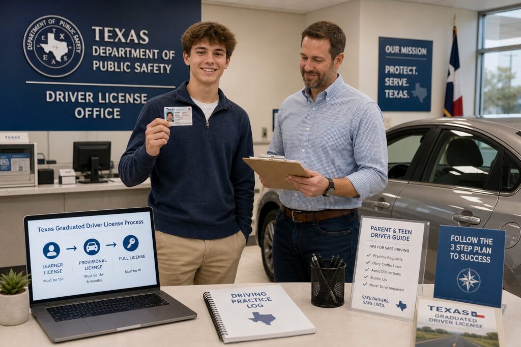 Blog Articles 2 Teen driver practicing with an adult in a Texas supervised driving scene.