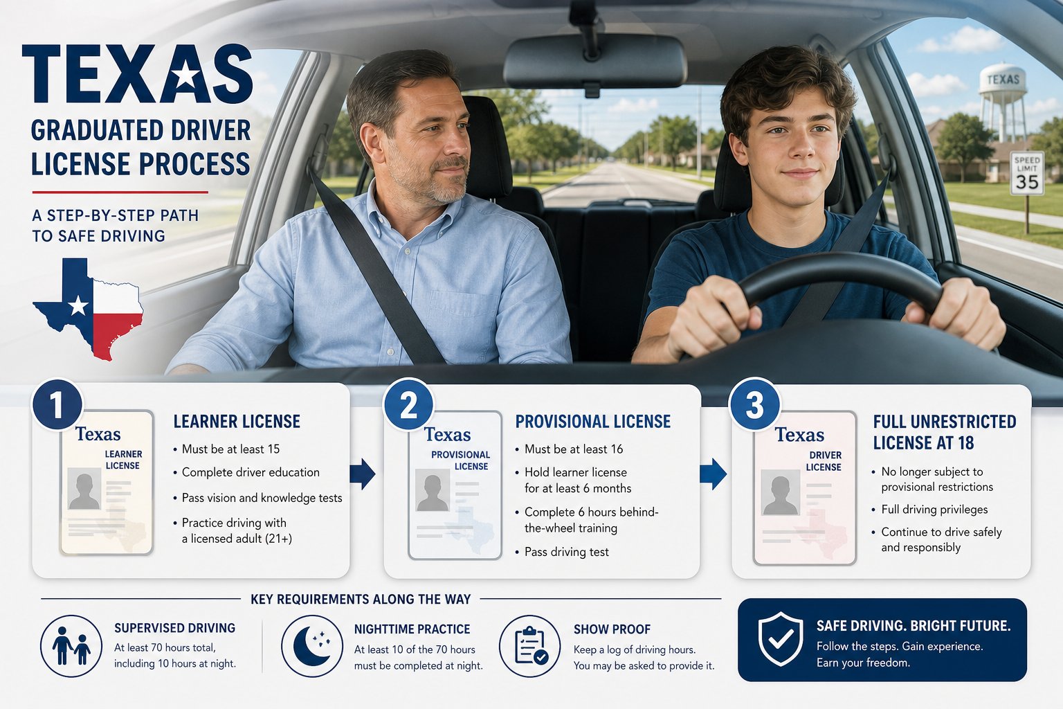 Texas Graduated Driver License (GDL) System: The Three Stages Explained 1 Teen driver practicing with an adult in a Texas supervised driving scene.