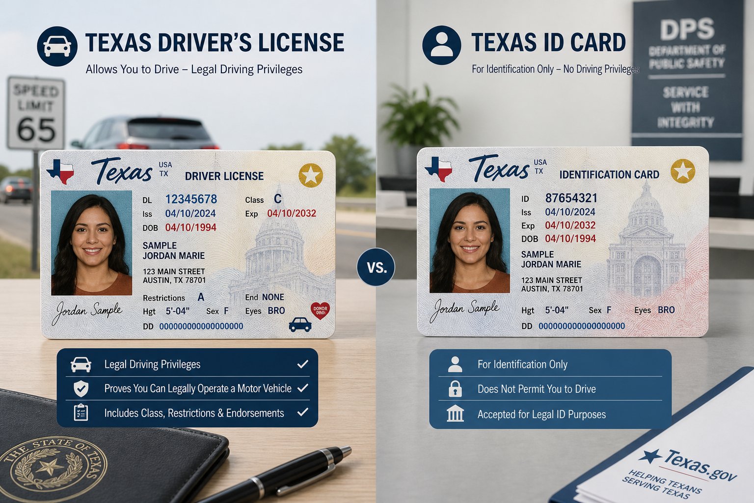 Texas Driver's License vs. Texas ID Card: Which One Do You Need? 1 Texas ID card and driver’s license shown side by side.