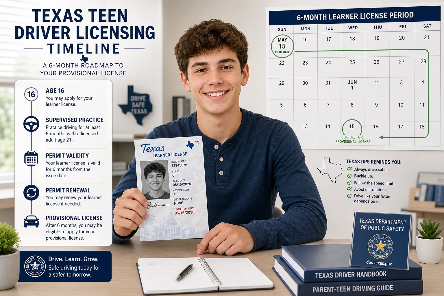 How Long Do You Need to Hold a Texas Learner's Permit Before Getting Your License? 1 Texas teen learner’s permit timeline with six-month wait and licensing steps.