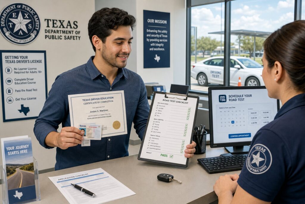 Blog Articles 12 Adult reviewing Texas driver license steps in a modern DPS office.
