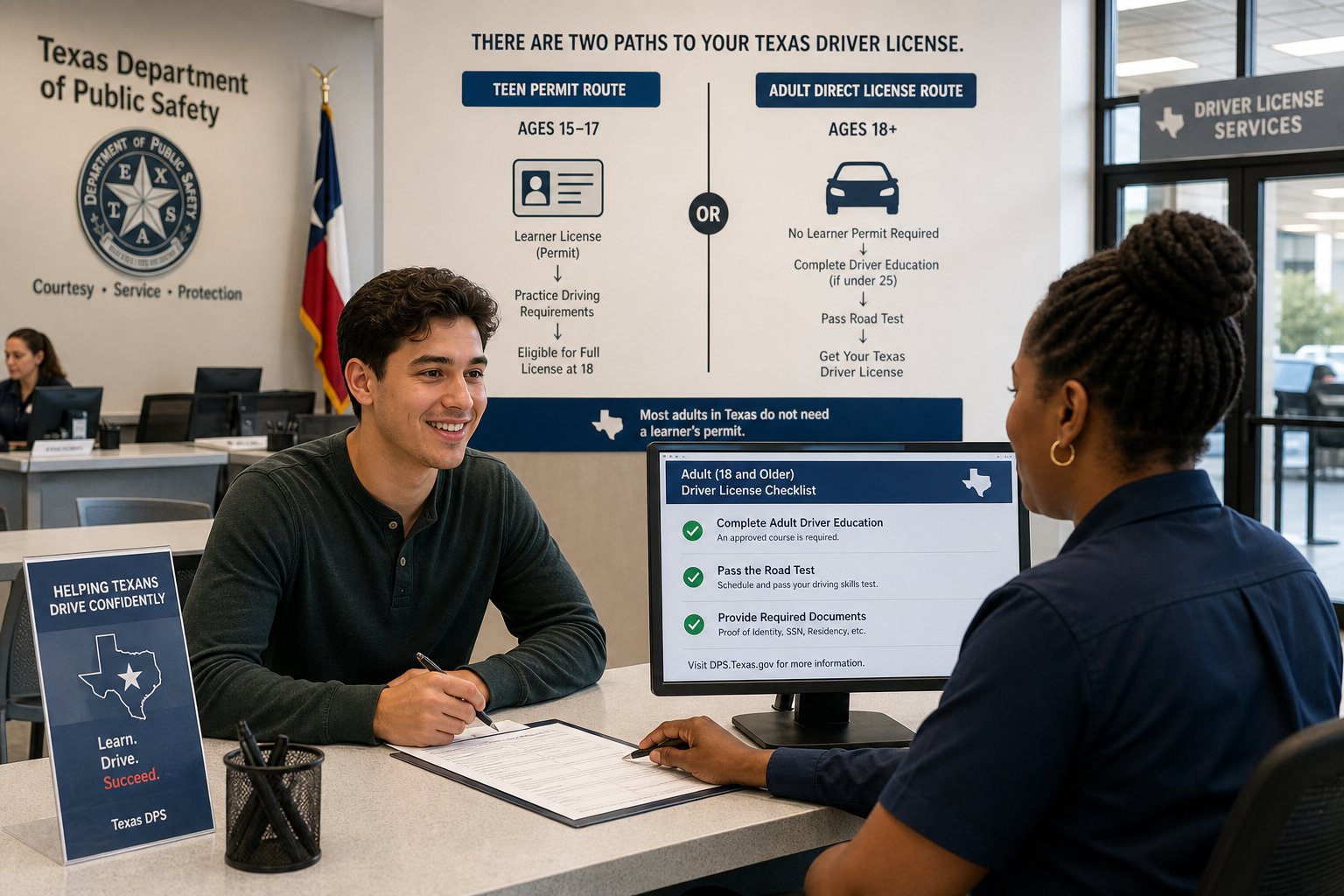 Texas Learner's Permit for Adults: Do 18-Year-Olds and Adults Over 25 Need One? 1 Adult reviewing Texas driver license steps in a modern DPS office.
