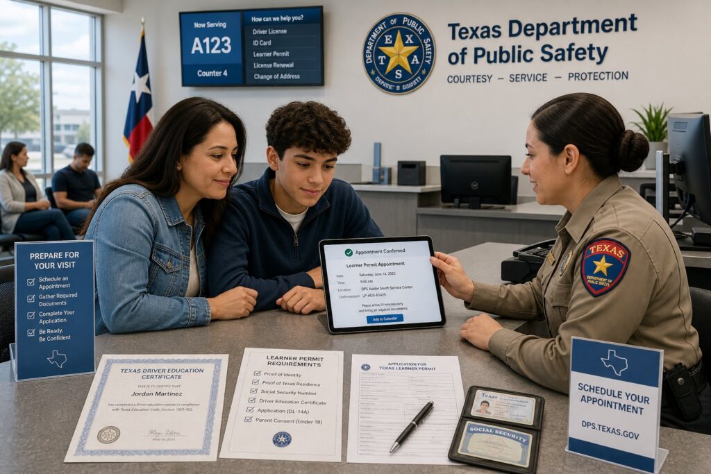 Blog Articles 8 Teen and parent planning a Texas learner’s permit appointment online.