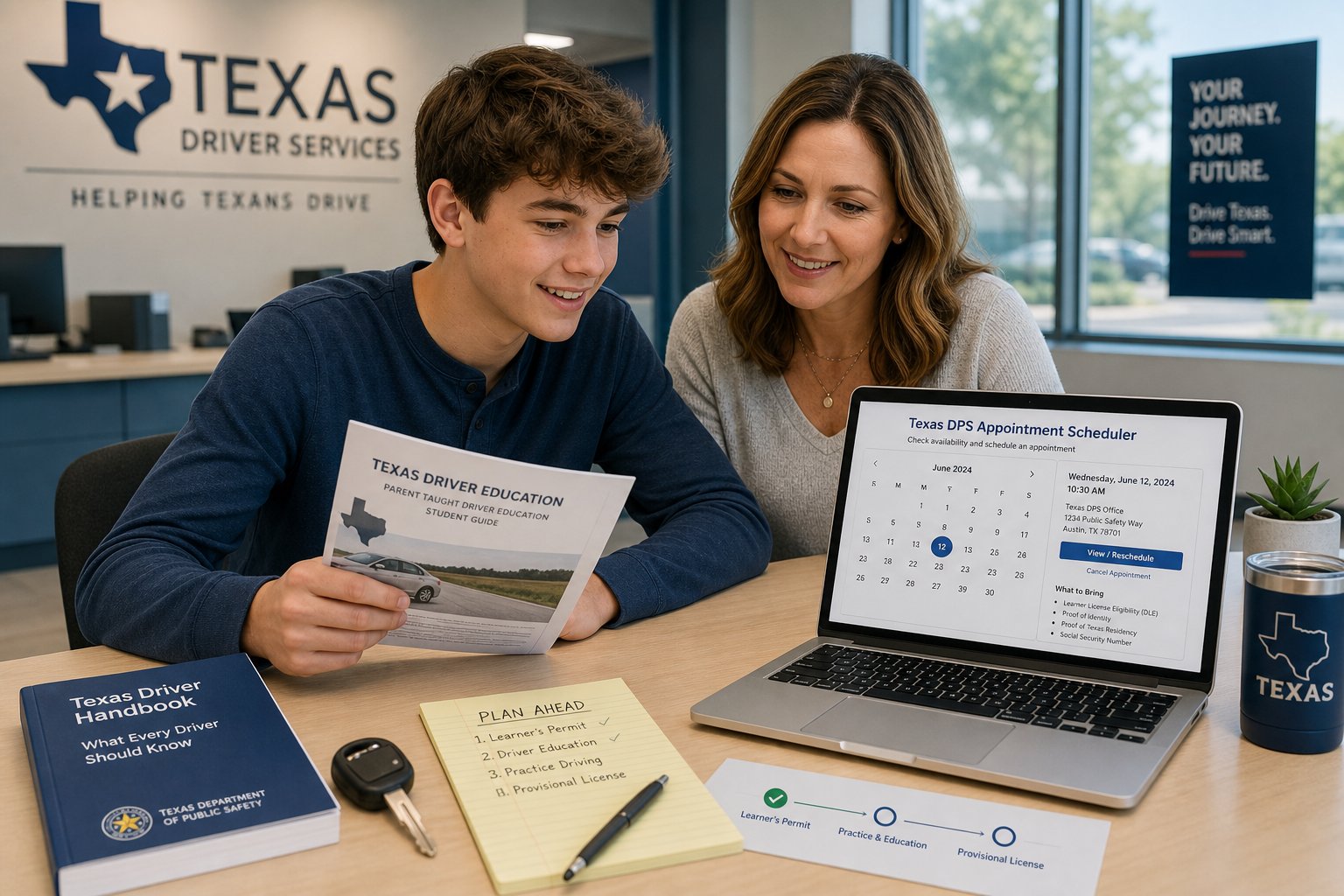 How to Book a Texas DPS Appointment for Your Learner's Permit 1 Teen and parent planning a Texas learner’s permit appointment online.