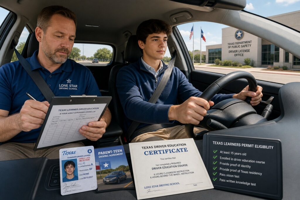 Blog Articles 7 Teen driver practicing with an adult supervisor in a Texas training car.