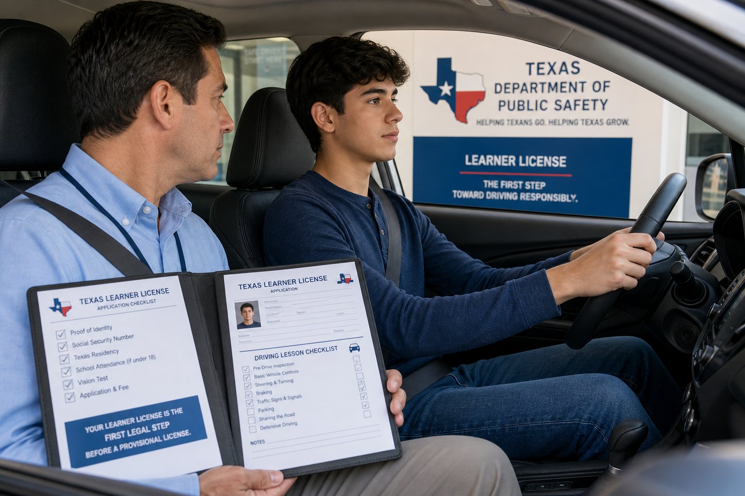 Texas Learner's Permit: How to Get It, What You Need, and What It Allows 1 Teen driver practicing with an adult supervisor in a Texas training car.