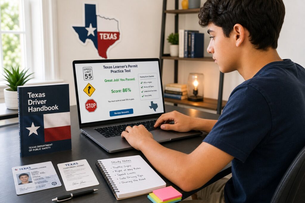 Blog Articles 6 Teen and parent reviewing learner permit documents at a Texas DPS office.