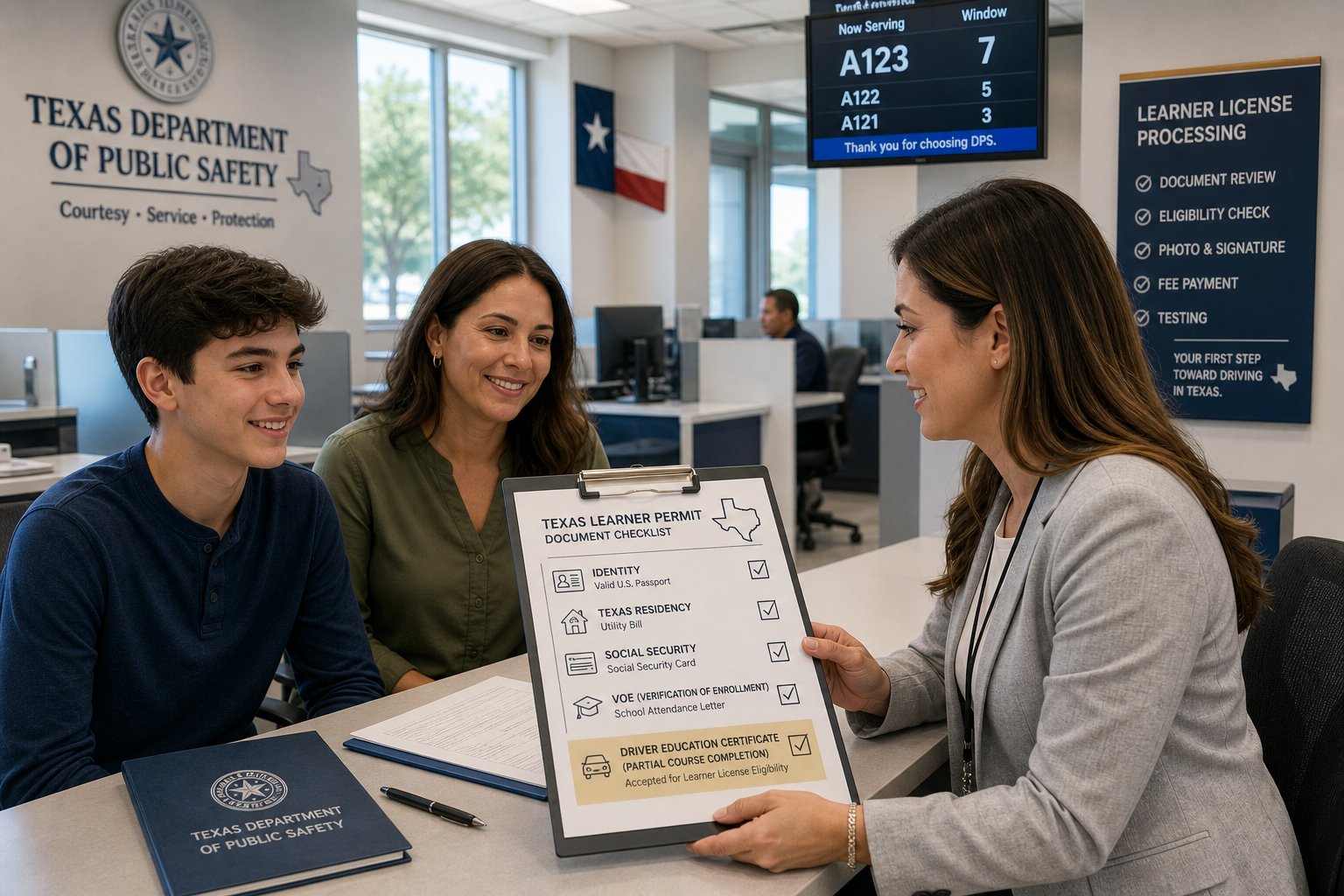 Texas Learner's Permit Knowledge Test: What's on It and How to Prepare 1 Teen and parent reviewing learner permit documents at a Texas DPS office.