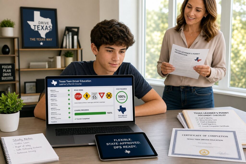 Blog Articles 5 Teen studying Texas driver education online with parent at home.