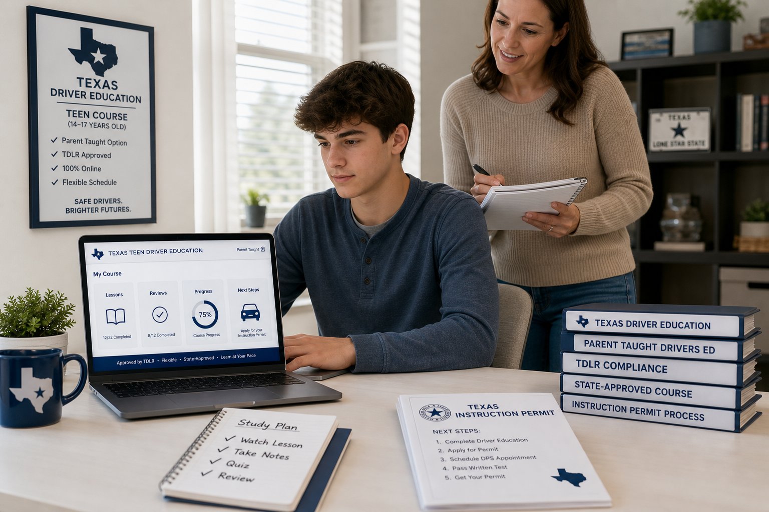 Texas Learner's Permit Online Course: What the First 6 Hours Cover 1 Teen studying Texas driver education online with parent at home.