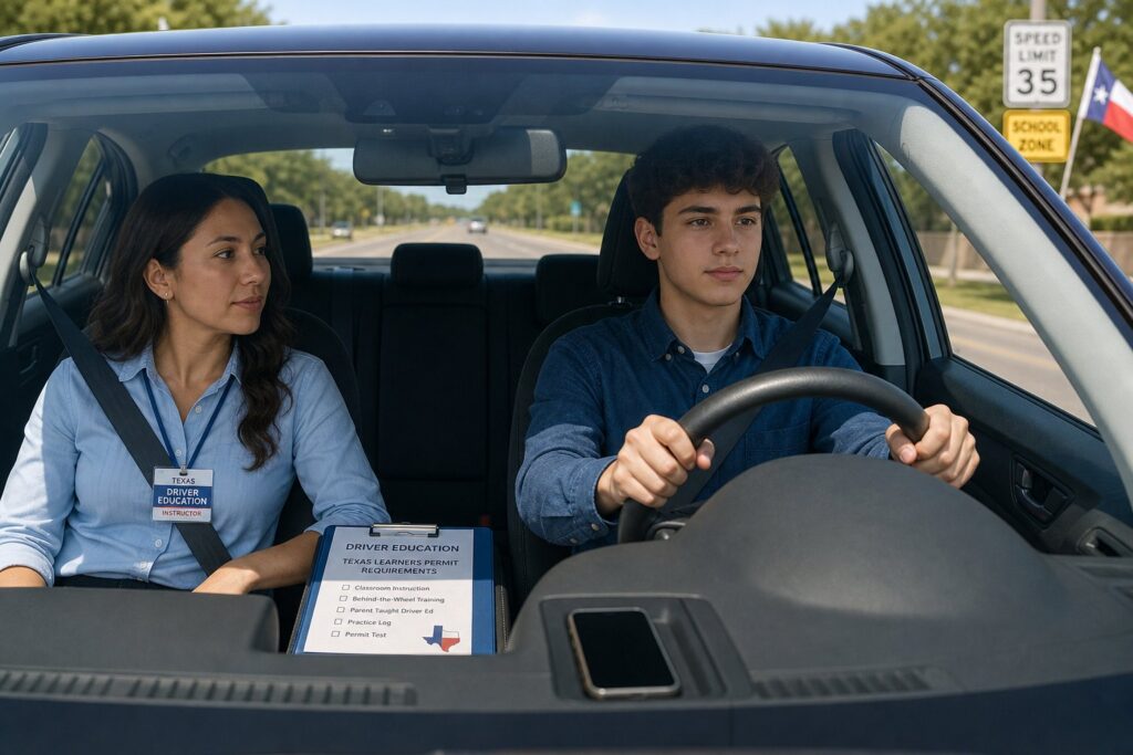 Blog Articles 4 Teen driver practicing with a parent in a car in Texas.
