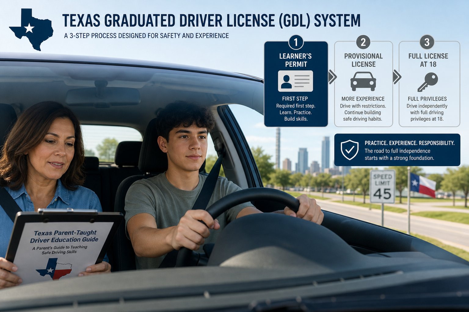 Texas Learner's Permit Restrictions: What Your Teen Can and Can't Do 1 Teen driver practicing with a parent in a car in Texas.