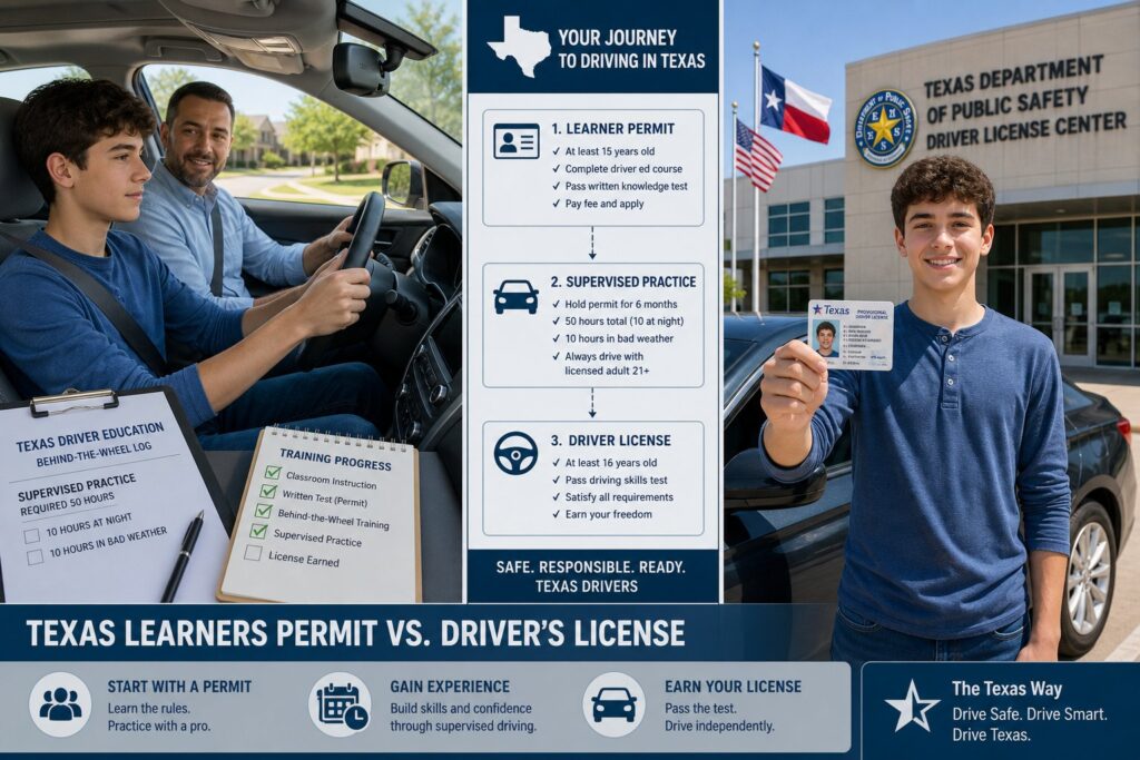 Blog Articles 3 Texas teen learner driver with supervising adult compared to independent licensed driving.