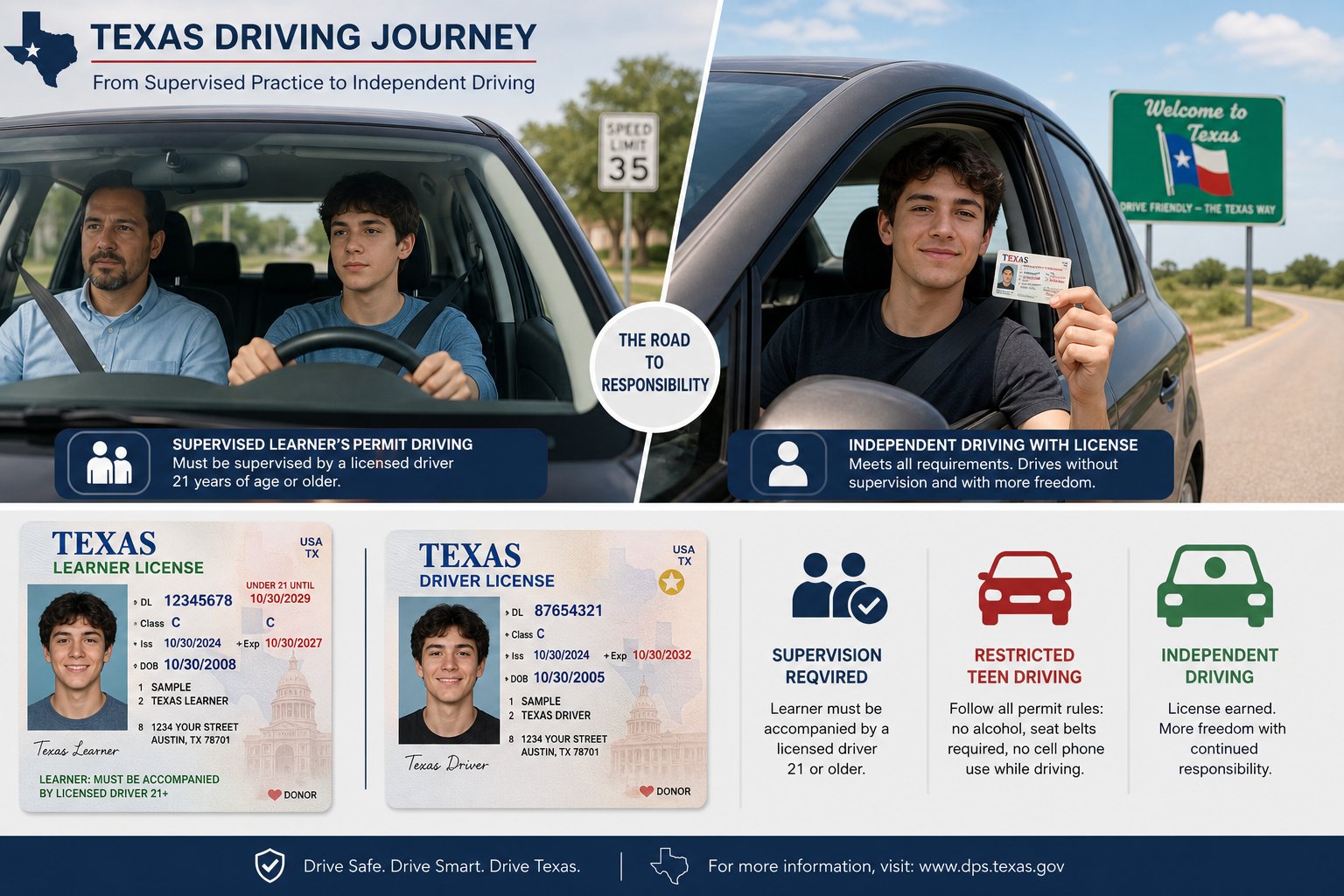 Texas Learner's Permit vs Driver's License: What's the Difference? 1 Texas teen learner driver with supervising adult compared to independent licensed driving.
