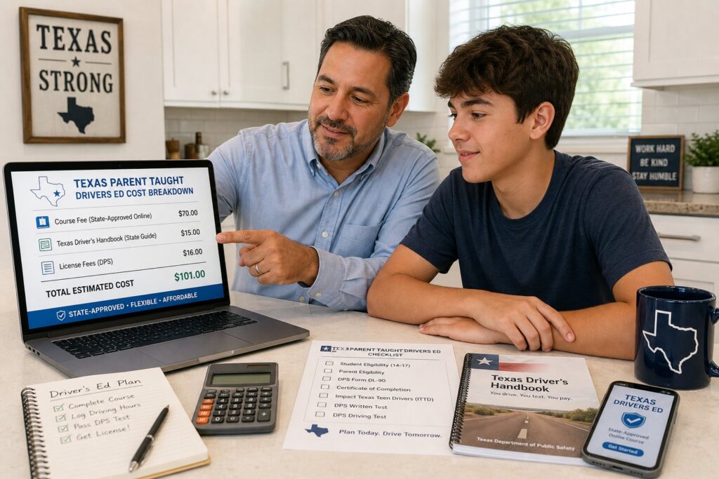 Blog Articles 2 Parent and teen reviewing Texas driver education costs on a laptop.