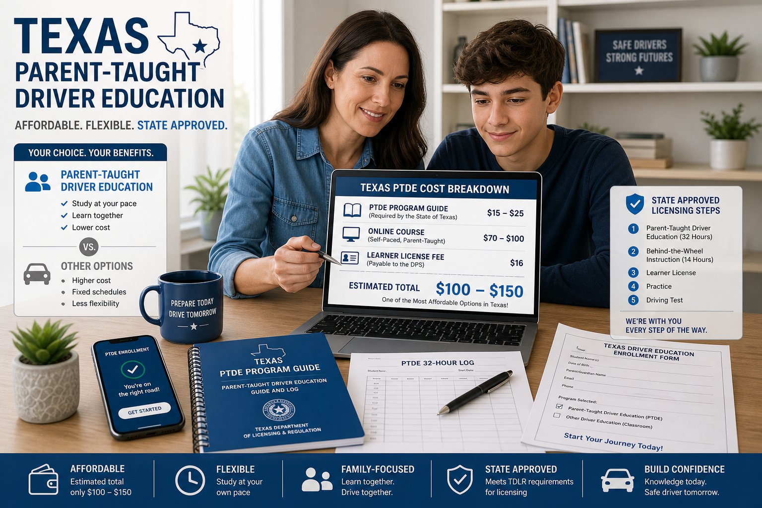 Texas Parent Taught Drivers Ed Cost: What to Expect 1 Parent and teen reviewing Texas driver education costs on a laptop.