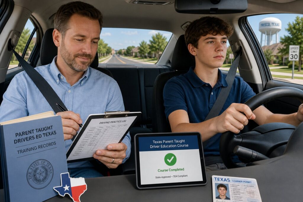 Blog Articles 1 Parent teaching a teen driver in a car in Texas.