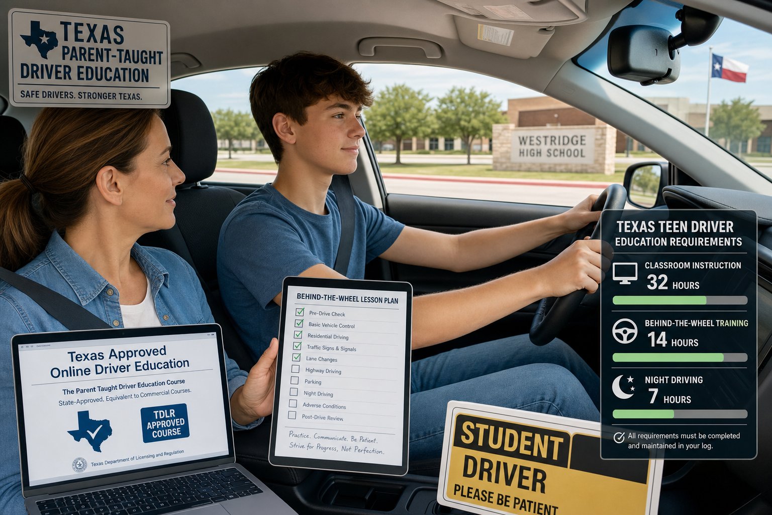 Texas Parent Taught Drivers Ed (PTDE): The Complete Guide 1 Parent teaching a teen driver in a car in Texas.