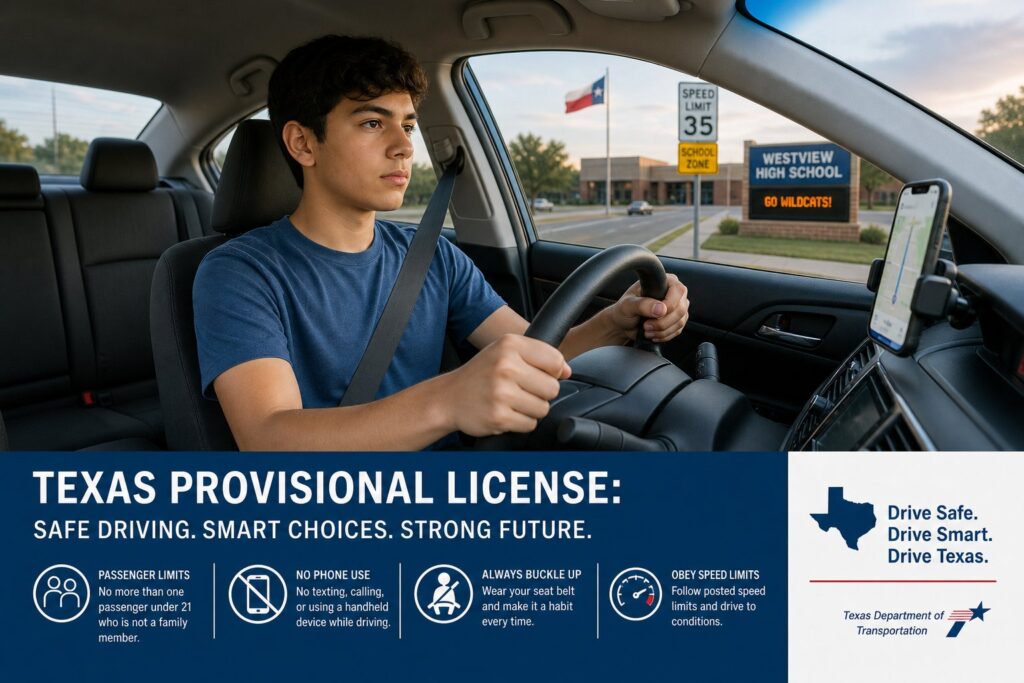 Blog Articles 10 Teen driver in Texas learning and driving under provisional license rules.