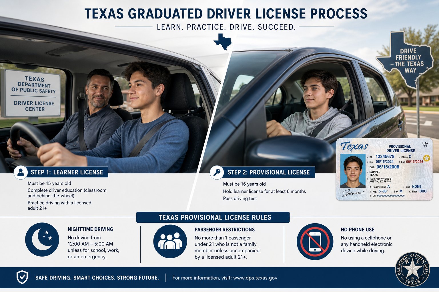 Texas Provisional License Restrictions: Complete Rules for 16-Year-Old Drivers 1 Teen driver in Texas learning and driving under provisional license rules.