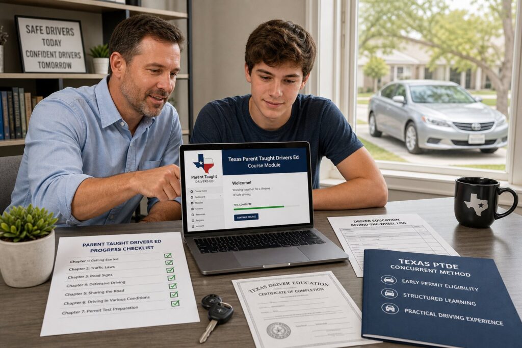 Blog Articles 9 Parent teaching teen driver in Texas while following driver education steps.