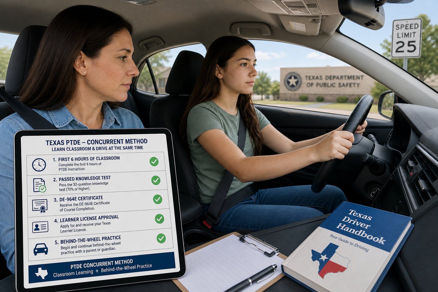 Texas PTDE: Concurrent vs Block Method — Which Should Your Family Choose? 1 Parent teaching teen driver in Texas while following driver education steps.