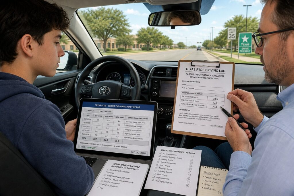 Blog Articles 8 Parent and teen reviewing a driving practice log beside a car.
