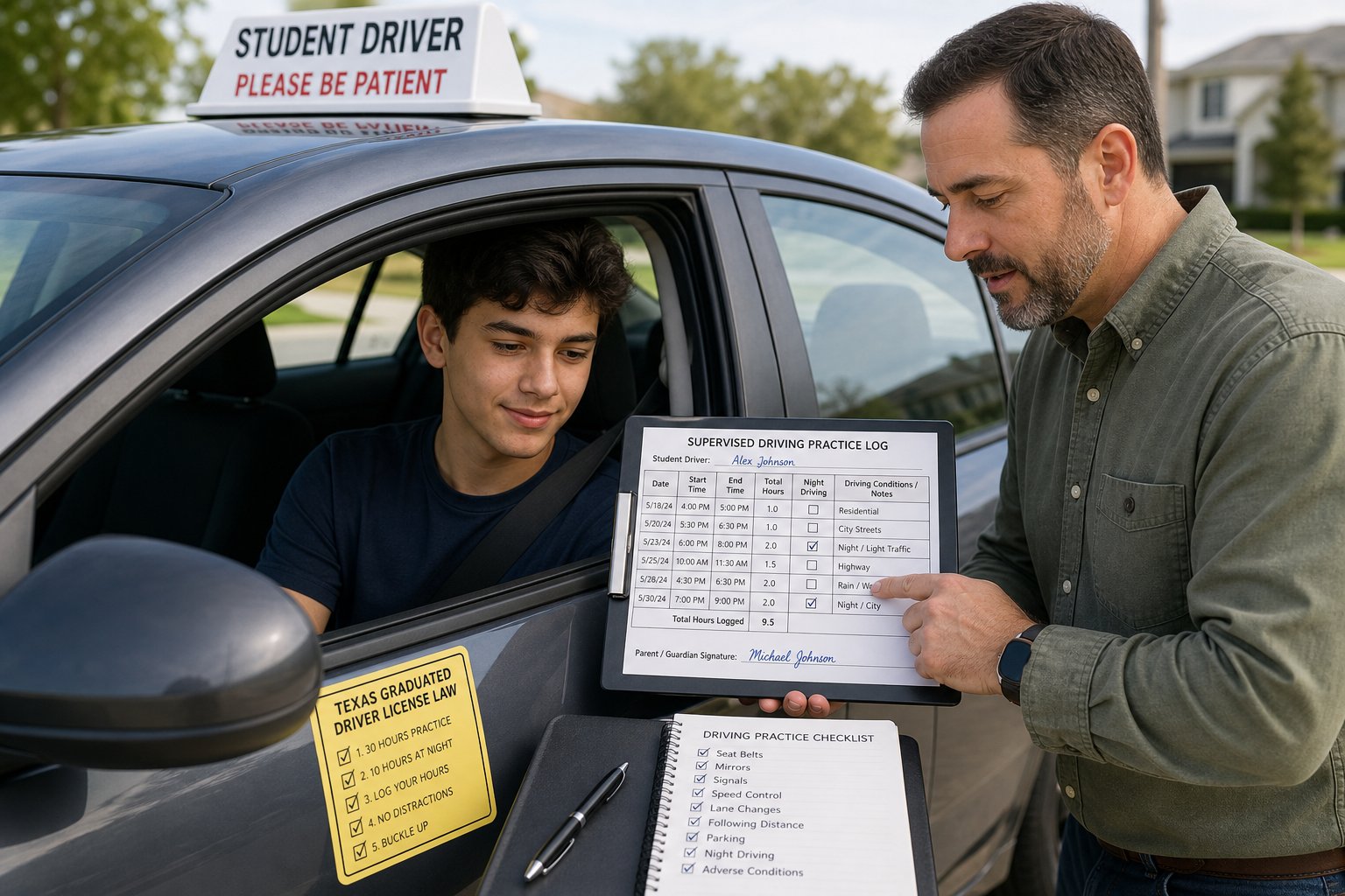 Texas PTDE Driving Log: How to Track Your Teen's Behind-the-Wheel Hours 1 Parent and teen reviewing a driving practice log beside a car.