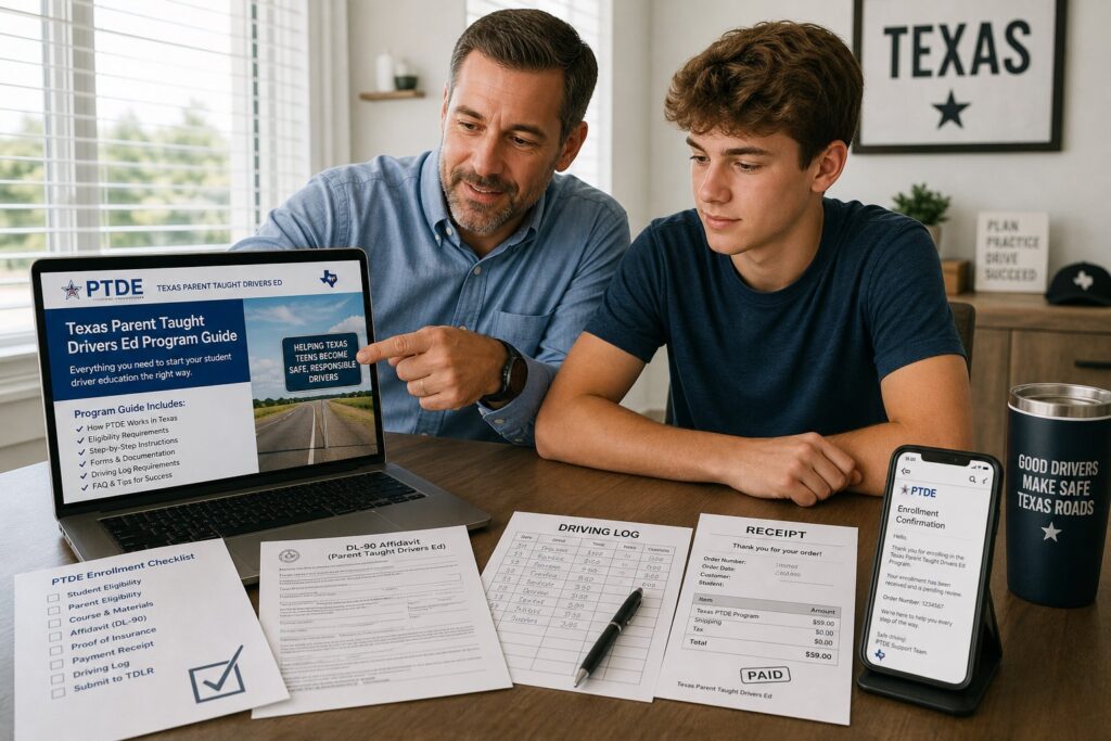 Blog Articles 7 Teen and parent reviewing Texas driver education paperwork at home.