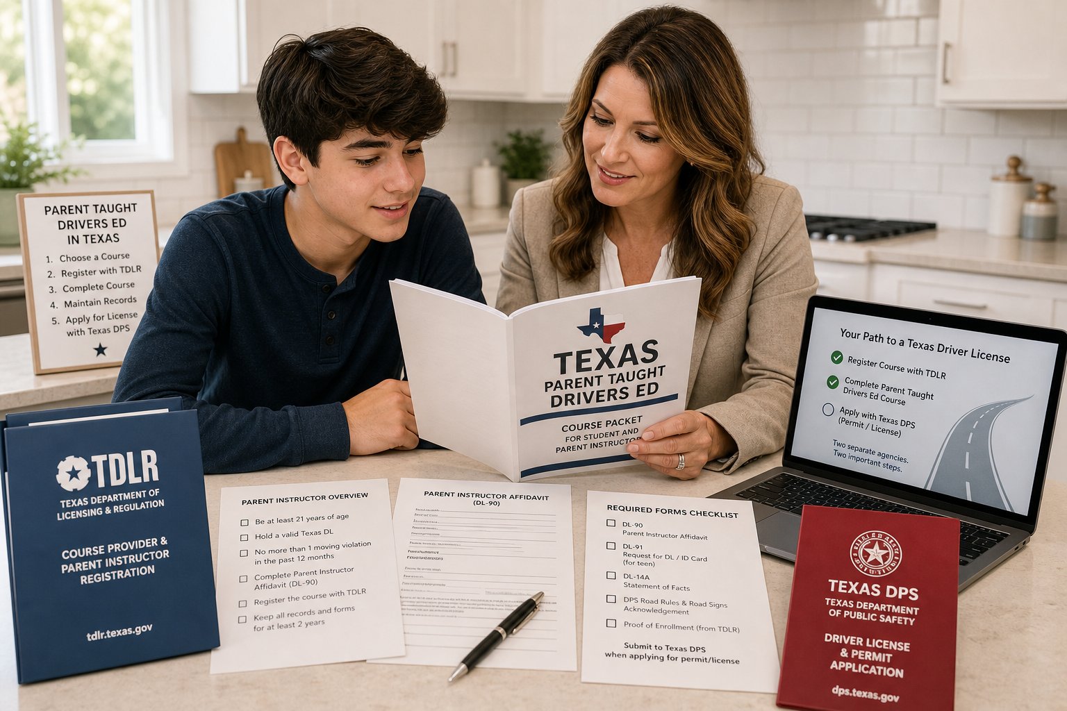 Texas PTDE Program Guide Packet: What It Is, How to Get It, and Why You Need It 1 Teen and parent reviewing Texas driver education paperwork at home.