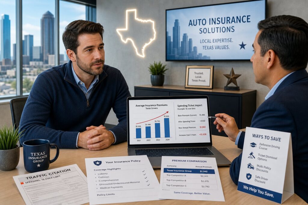 Blog Articles 2 Driver reviewing speeding ticket and higher car insurance costs in Texas.