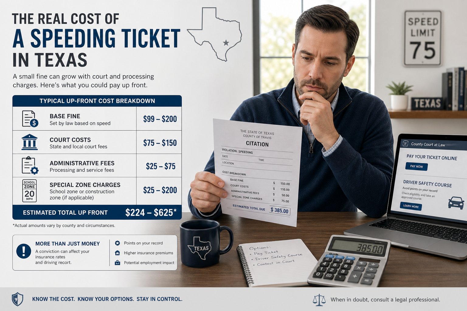 Texas Speeding Ticket Total Cost: What Affects the Amount? 1 Texas driver reviewing a TDLR driver safety course and citation