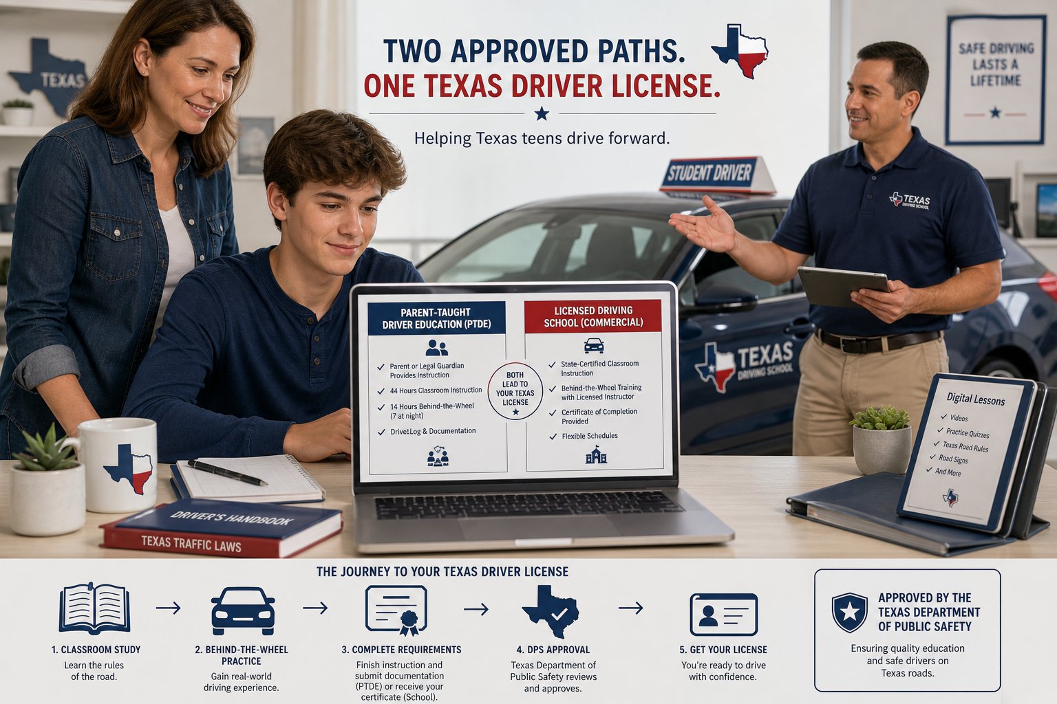 Texas Teen Driver Education (TDE): What It Is and How It Compares to PTDE 1 Texas teen comparing parent-taught and driving school driver education options.