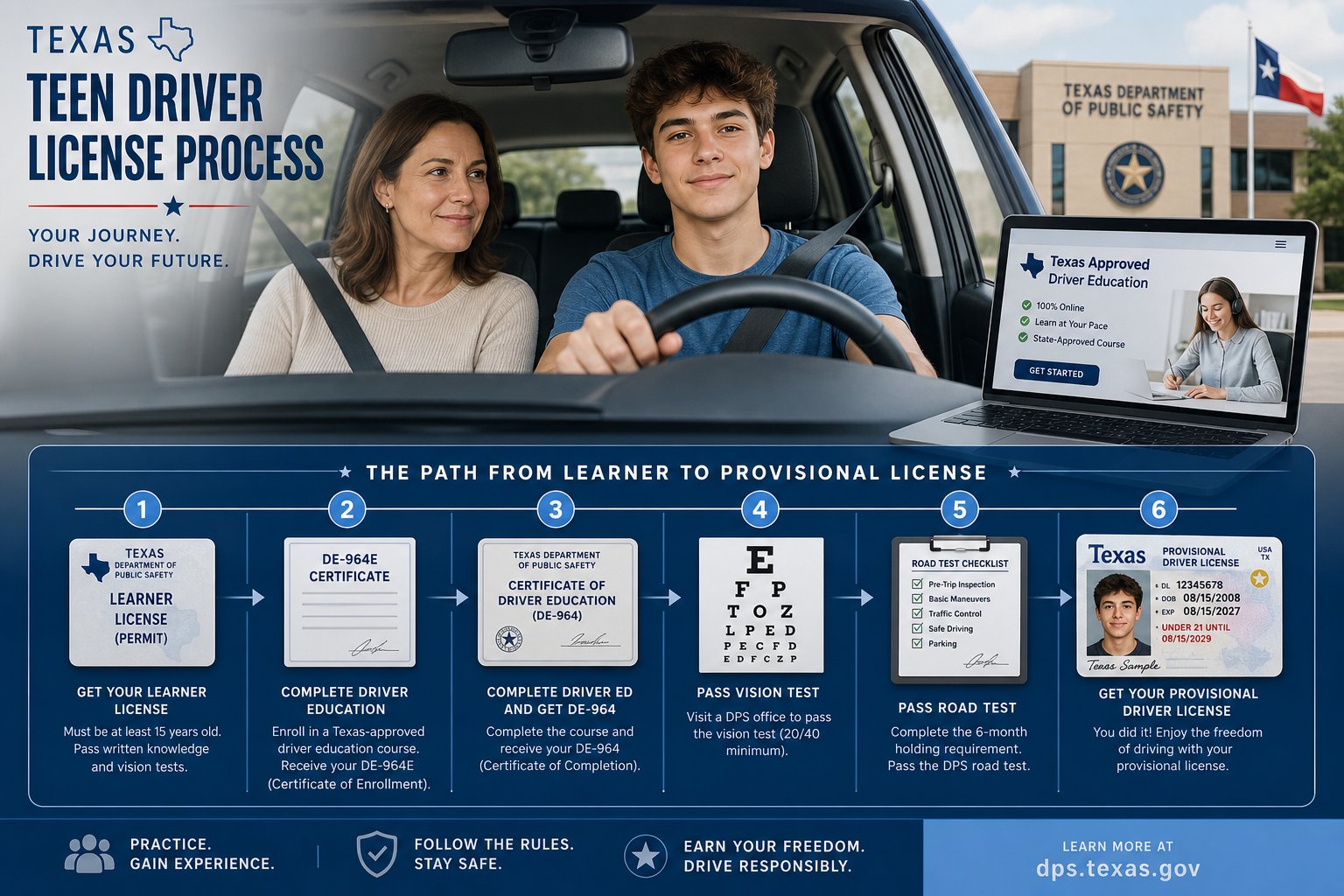 How to Get a Texas Driver's License at 16: The Complete Teen Guide 1 Texas teen driver licensing steps with learner permit and provisional license.