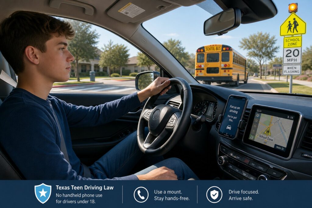Blog Articles 4 Teen driver in Texas keeping phone away while driving safely.