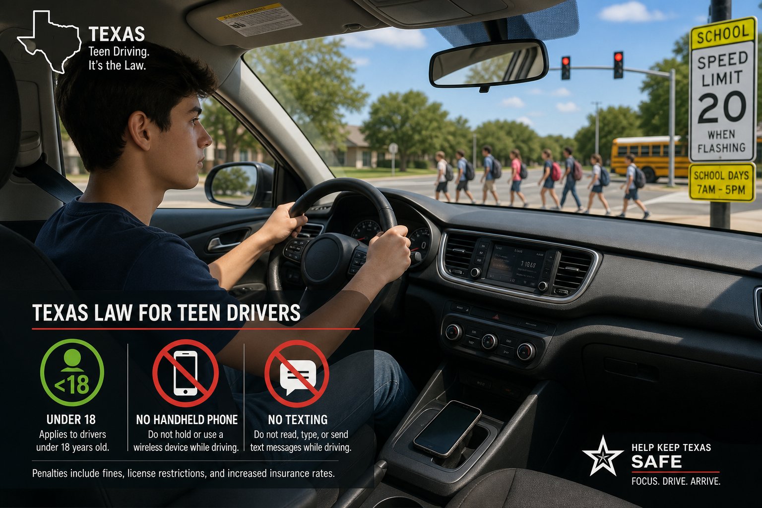 Texas Teen Drivers and Cell Phones: What the Law Says 1 Teen driver in Texas keeping phone away while driving safely.